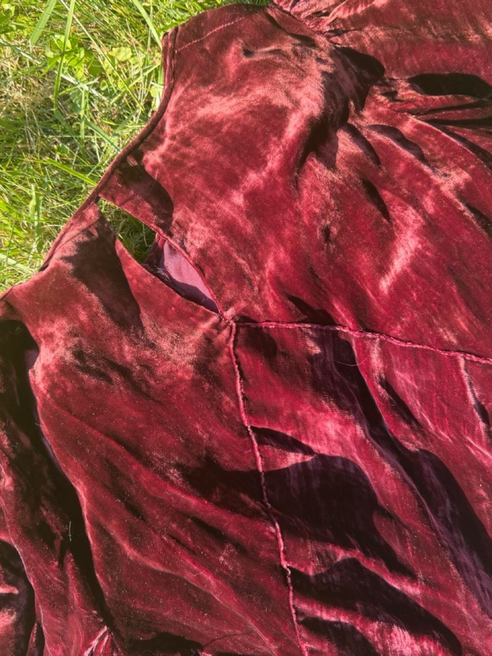 SOLD 30s VINTAGE Textured Velvet Burgundy Maxi Dress with Flutter Sleeves - Picture 3 of 8